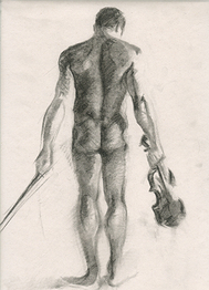 Charcoal Drawing Sketch of Nude Man, Male Figure