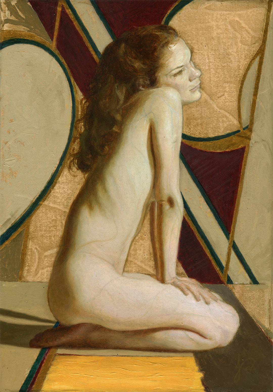 Child of Mars' Gold Gilded Oil painting by Jacqueline Gomez of Nude Female Figurative Artwork