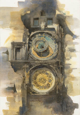 Prague Orloj Watercolor by Jacqueline Gomez