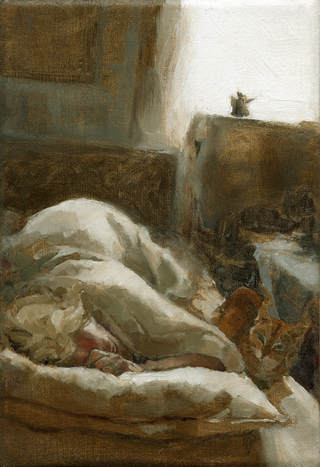 'Morning Visitor' alla prima oil painting by Jacqueline Gomez of dark interior bedroom with cat and woman sleeping lite by window sunlight.