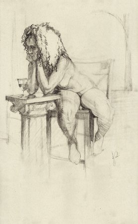 'The Unwinding' Charcoal Drawing of African Woman Drinking Wine Nude by Jacqueline Gomez