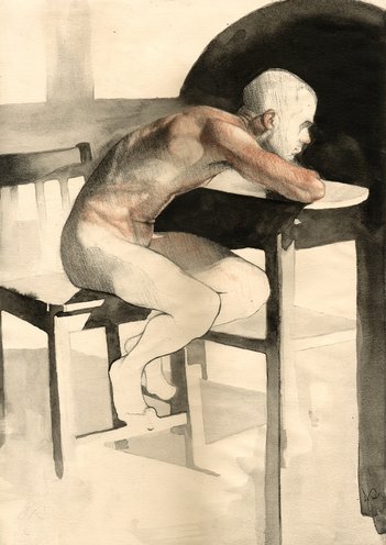 Male Nude Drawing in Sanguine Charcoal and Ink, Abstract Realism by Jacqueline Gomez