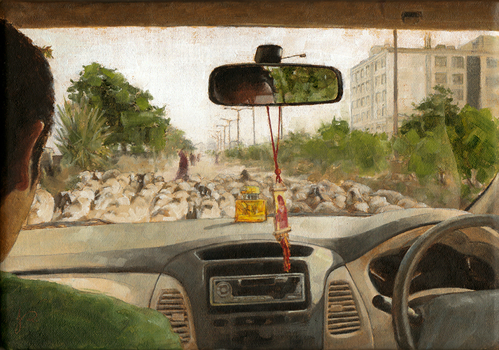 Behind The Wheel Oil painting, Car Interior Driving through flock of sheep in rural cityscape.