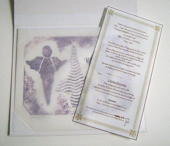 Certificate of Authenticity and Packaging of 'Angel' Christmas Hand-pulled Printmaking Collograph