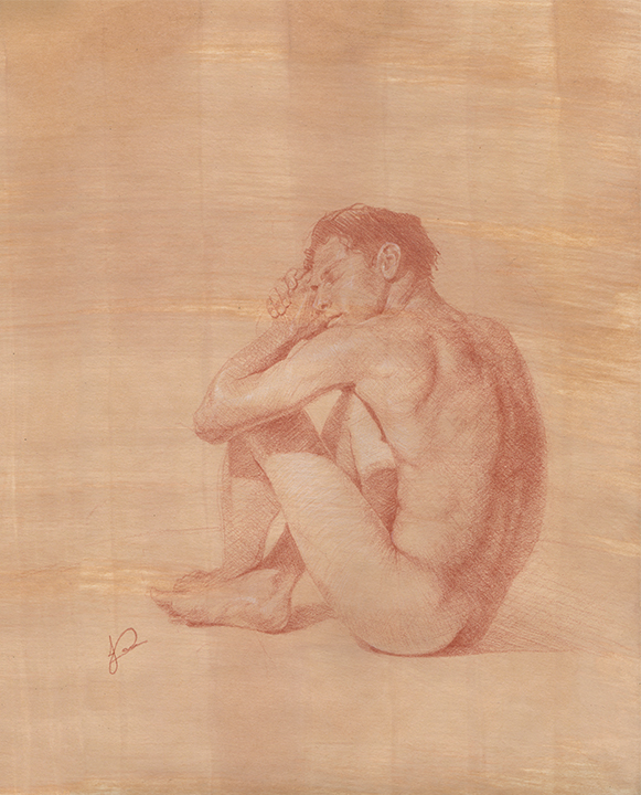 Red Pencil Drawing of Nude Man, Male Figure Crosshatch by Jacqueline Gomez