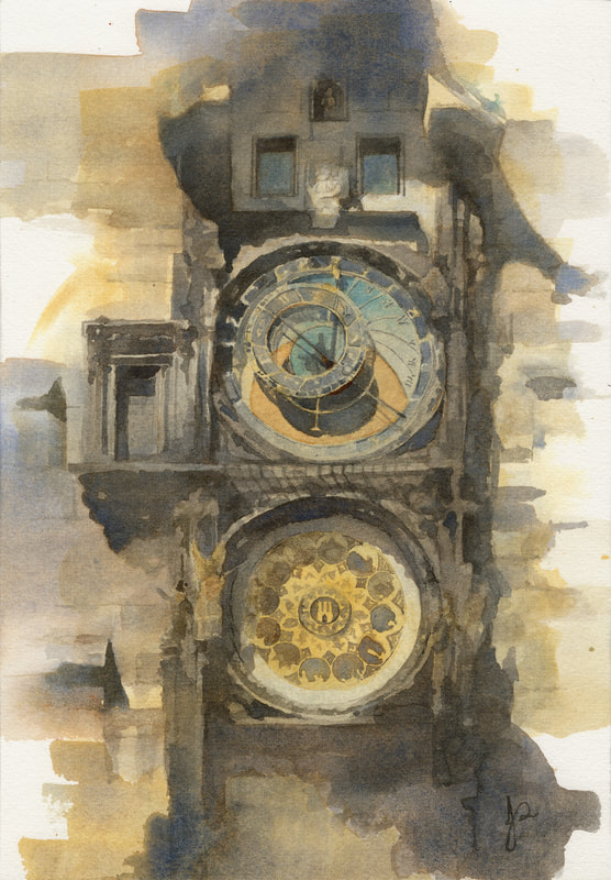 'Cosmic Moment' Prague Orloj Astrological Clock Watercolor by Jacqueline Gomez