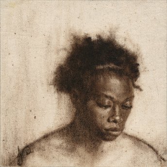 Painting of Black Woman with Afro in brown oil paint on canvas by Jacqueline Gomez