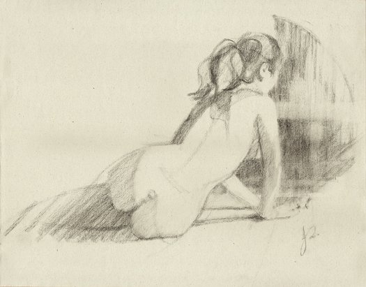 Back of Nude Woman, Charcoal Pencil Figure Gesture Drawing by Jacqueline Gomez