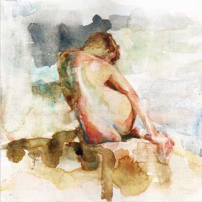 Watercolor nude painting of woman back sitting by Jacqueline Gomez