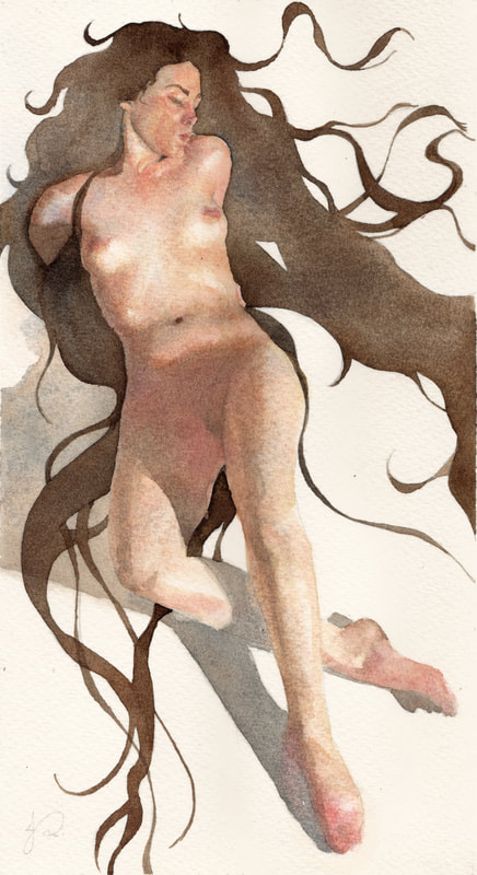 Long Haired Tellurian - Watercolour Figurative Painting of Nude Female Woman by Jacqueline Gomez