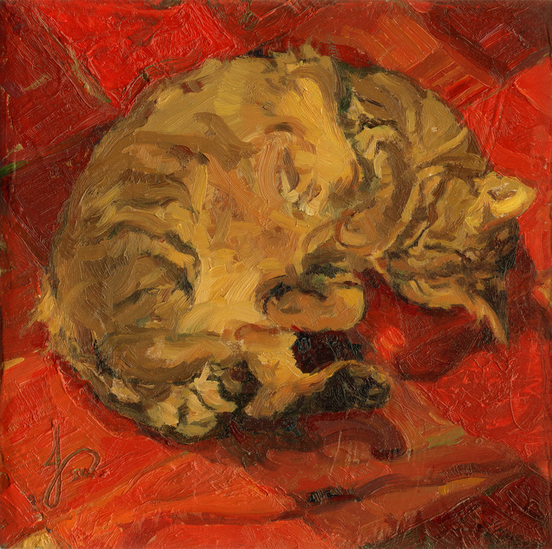 'Watson' oil painting by Jacqueline Gomez of Sleeping Tabby Cat Art